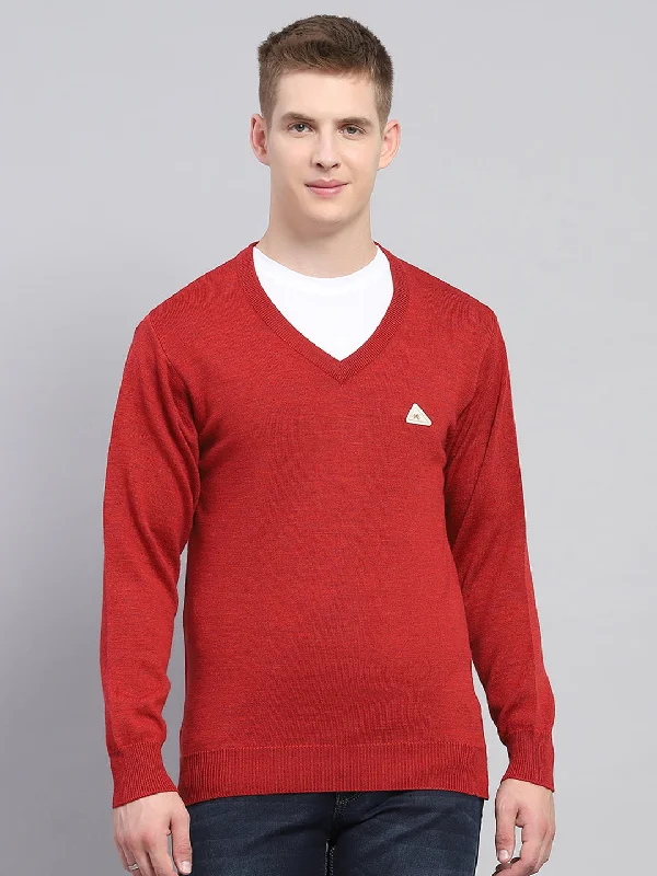 Men Maroon Solid V Neck Full Sleeve Pullover