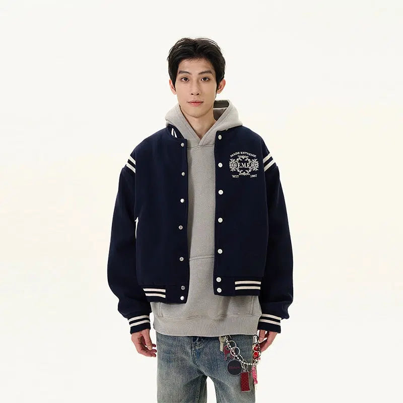 Striped Sleeves Embroidered Varsity Jacket