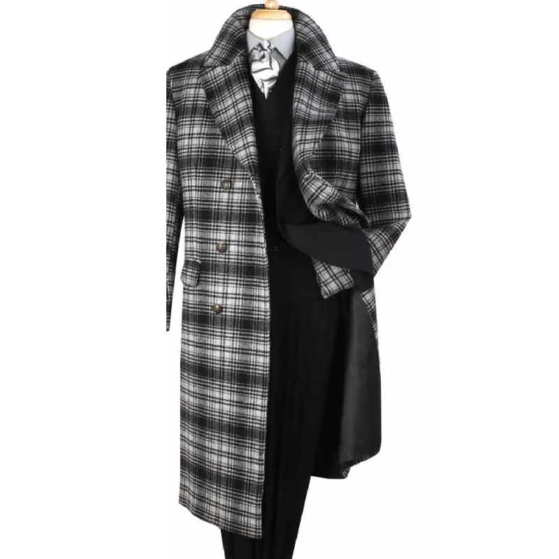 Men's Window Pane High Fashion Double-Breasted Wool Coat In Black