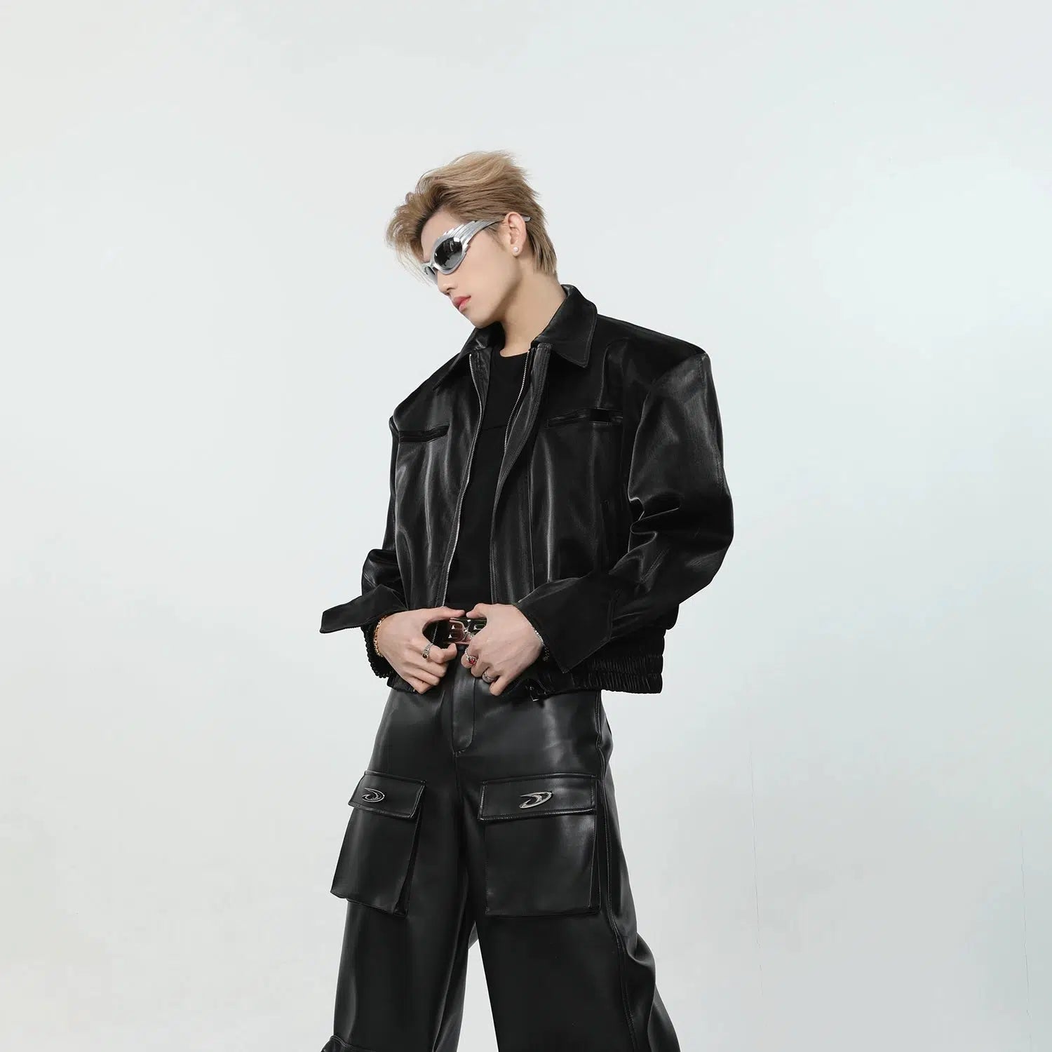 Short Leather Jacket with Shoulder Pads