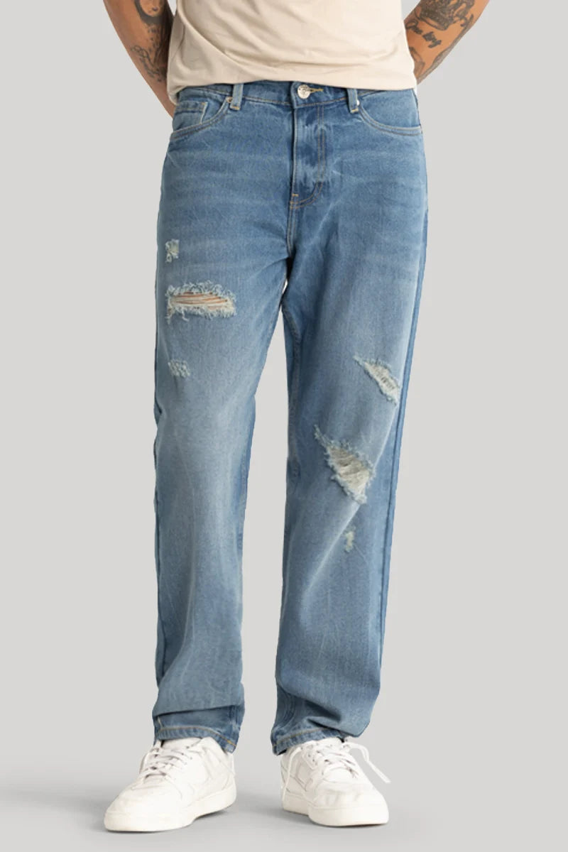 Blue Distressed Relaxed Fit Jeans