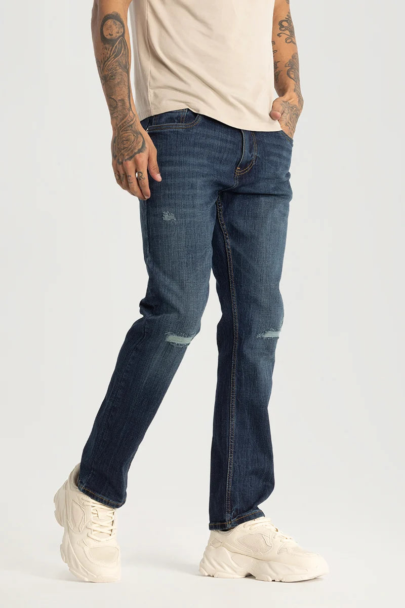 Navy Distressed Regular Fit Jeans