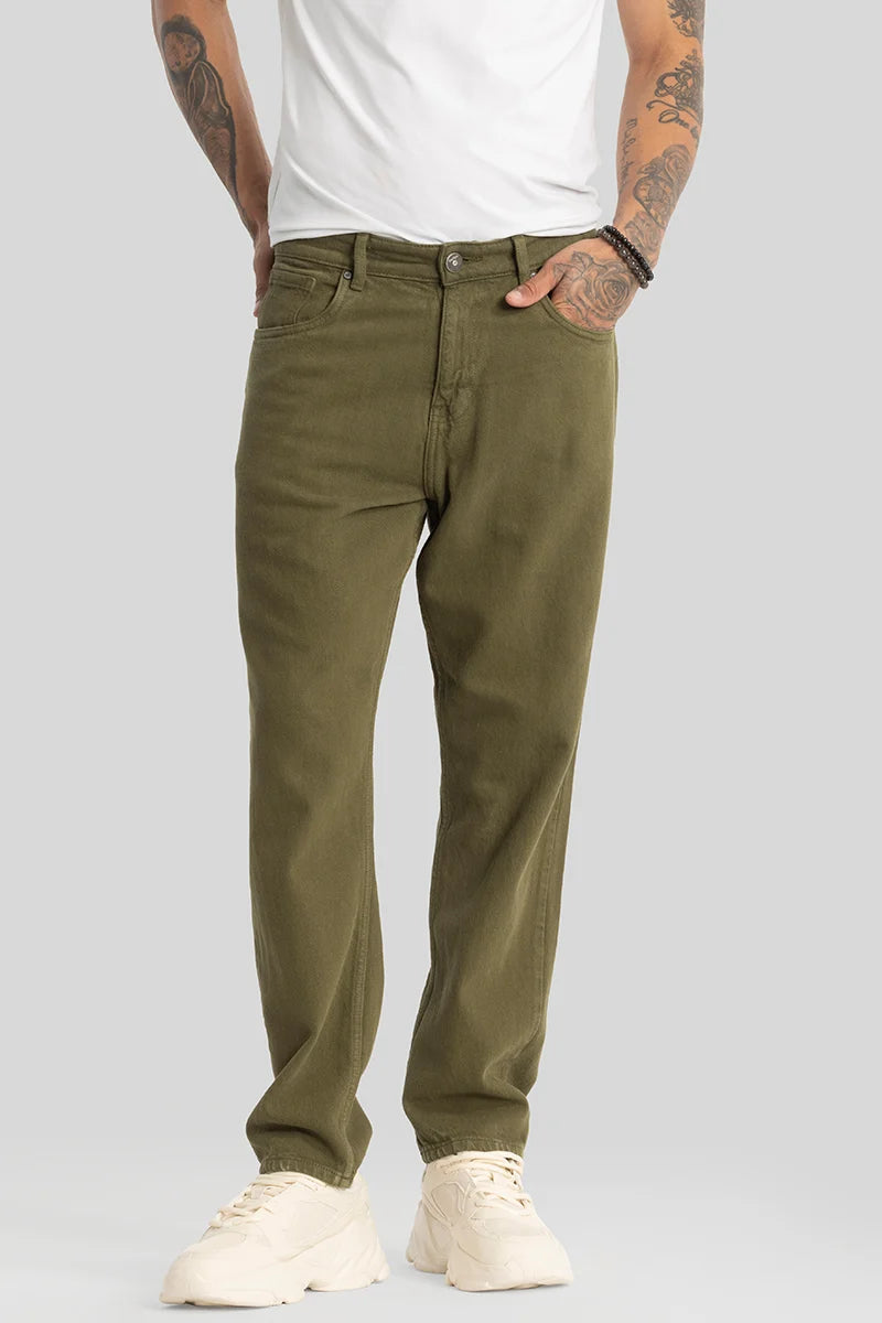 Olive Plain Baggy Fit Jeans