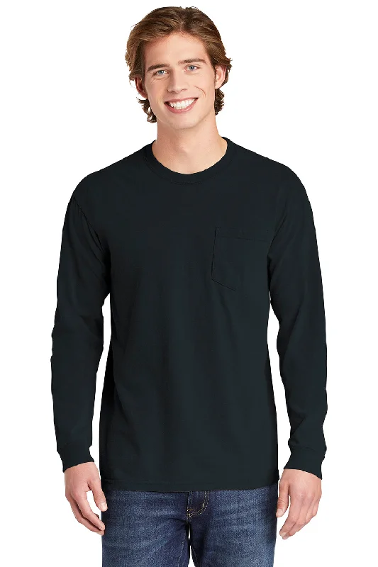 Comfort Colors Mens Long Sleeve Crewneck T-Shirt w/ Pocket - Black