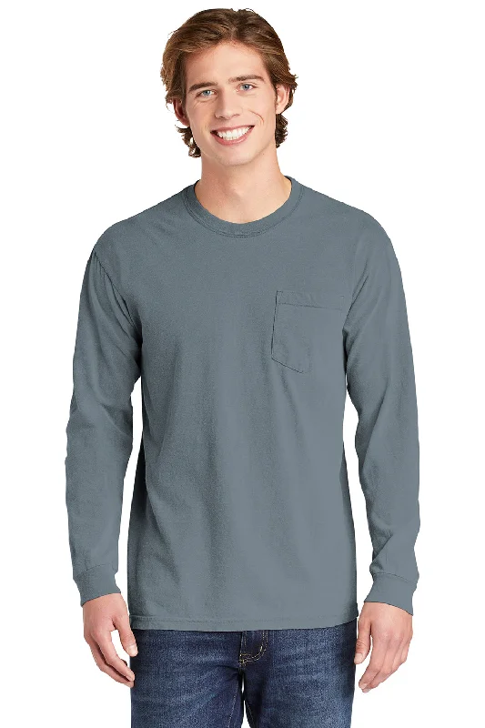 Comfort Colors Mens Long Sleeve Crewneck T-Shirt w/ Pocket - Granite Grey