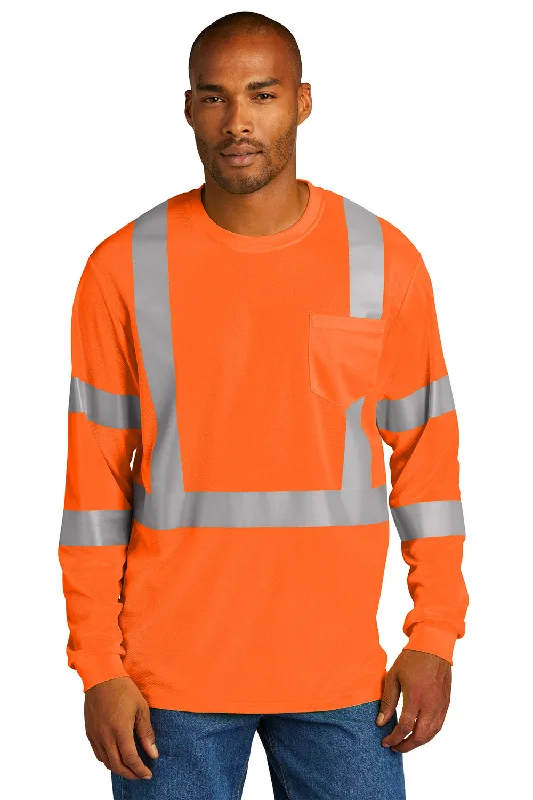 CornerStone Mens ANSI 107 Class 3 Moisture Wicking Long Sleeve Crewneck T-Shirt w/ Pocket - Safety Orange