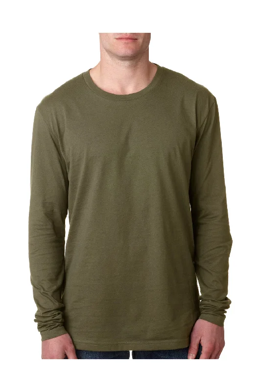 Next Level Mens Fine Jersey Long Sleeve Crewneck T-Shirt - Military Green