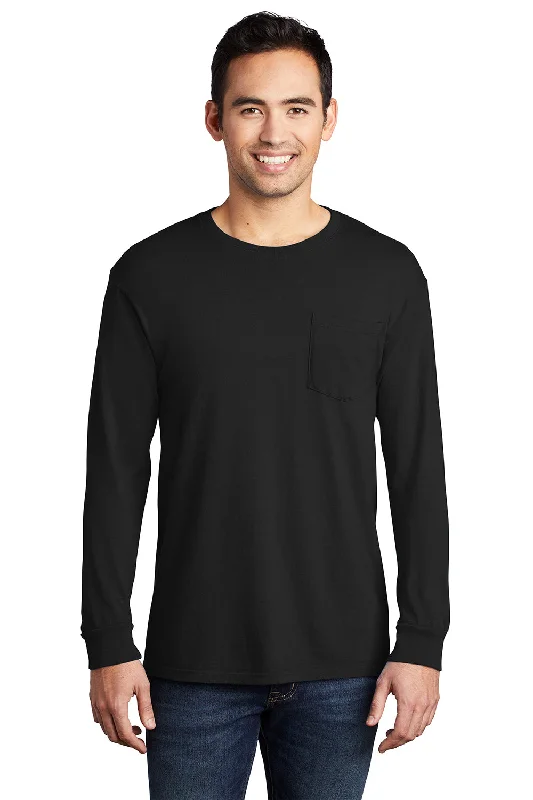 Port & Company Mens Beach Wash Long Sleeve Crewneck T-Shirt w/ Pocket - Black