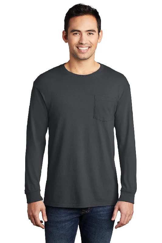 Port & Company Mens Beach Wash Long Sleeve Crewneck T-Shirt w/ Pocket - Coal Grey