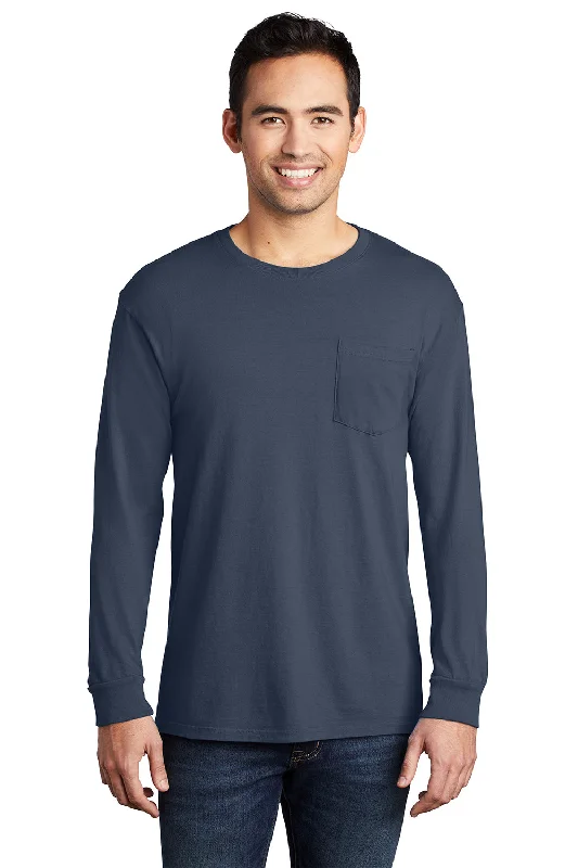 Port & Company Mens Beach Wash Long Sleeve Crewneck T-Shirt w/ Pocket - Denim Blue