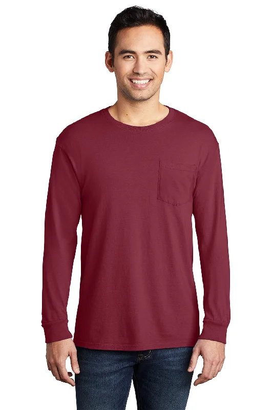 Port & Company Mens Beach Wash Long Sleeve Crewneck T-Shirt w/ Pocket - Merlot Red