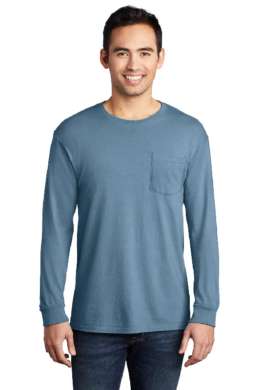 Port & Company Mens Beach Wash Long Sleeve Crewneck T-Shirt w/ Pocket - Mist Blue