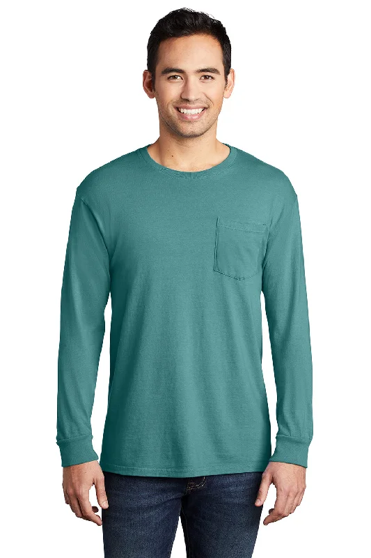 Port & Company Mens Beach Wash Long Sleeve Crewneck T-Shirt w/ Pocket - Peacock Green