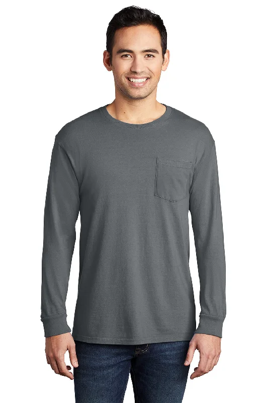 Port & Company Mens Beach Wash Long Sleeve Crewneck T-Shirt w/ Pocket - Pewter Grey