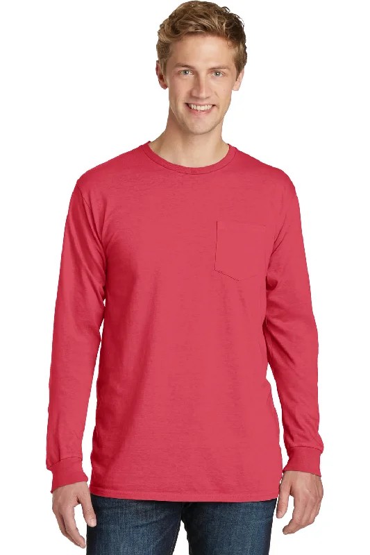 Port & Company Mens Beach Wash Long Sleeve Crewneck T-Shirt w/ Pocket - Poppy Red - Closeout