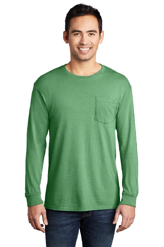 Port & Company Mens Beach Wash Long Sleeve Crewneck T-Shirt w/ Pocket - Safari Green