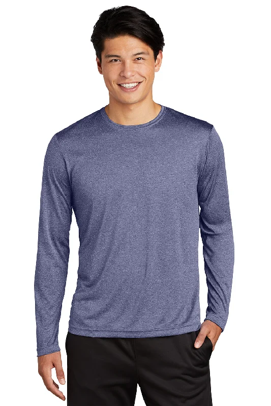 Sport-Tek Mens Contender Heather Moisture Wicking Long Sleeve Crewneck T-Shirt - Heather True Navy Blue