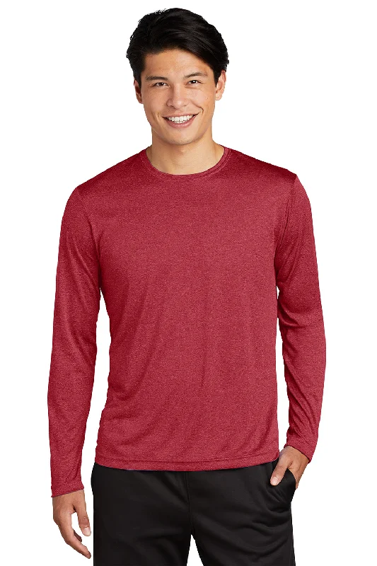 Sport-Tek Mens Contender Heather Moisture Wicking Long Sleeve Crewneck T-Shirt - Heather Scarlet Red