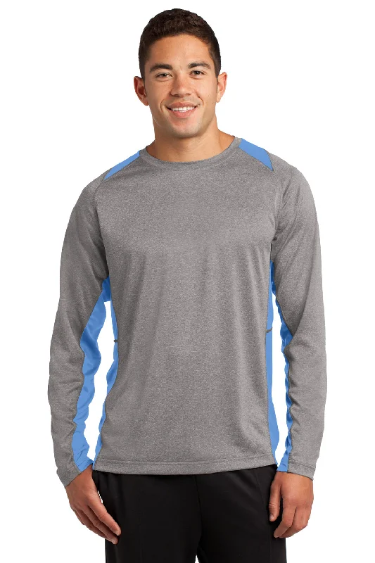 Sport-Tek Mens Contender Heather Moisture Wicking Long Sleeve Crewneck T-Shirt - Heather Vintage Grey/Carolina Blue - Closeout