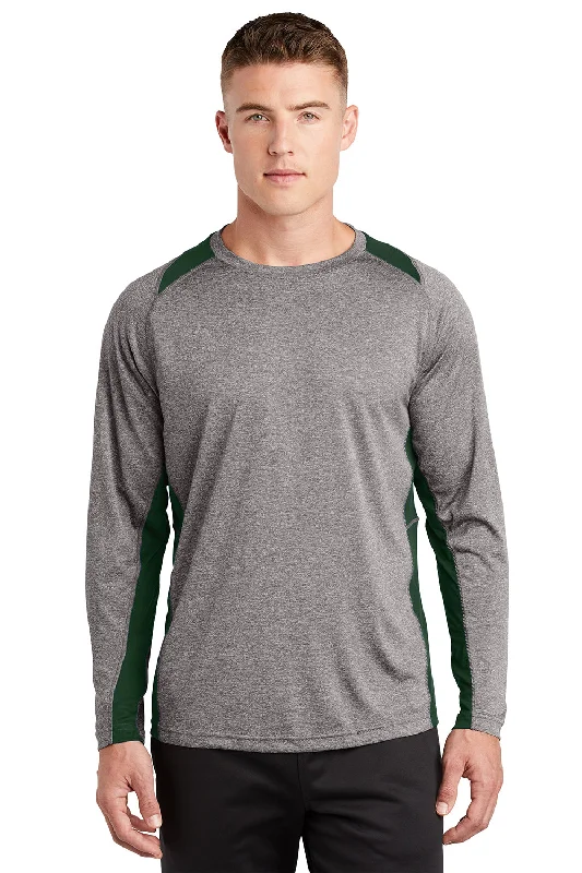 Sport-Tek Mens Contender Heather Moisture Wicking Long Sleeve Crewneck T-Shirt - Heather Vintage Grey/Forest Green