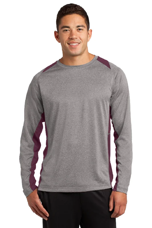 Sport-Tek Mens Contender Heather Moisture Wicking Long Sleeve Crewneck T-Shirt - Heather Vintage Grey/Maroon - Closeout