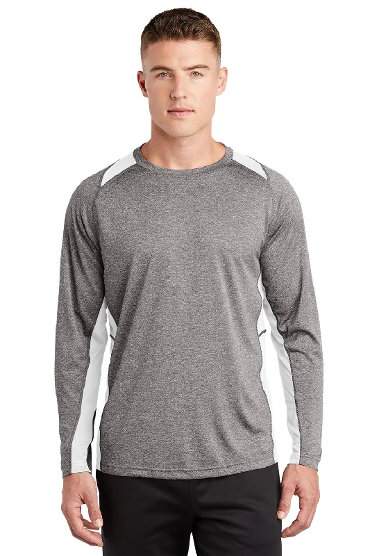 Sport-Tek Mens Contender Heather Moisture Wicking Long Sleeve Crewneck T-Shirt - Heather Vintage Grey/White