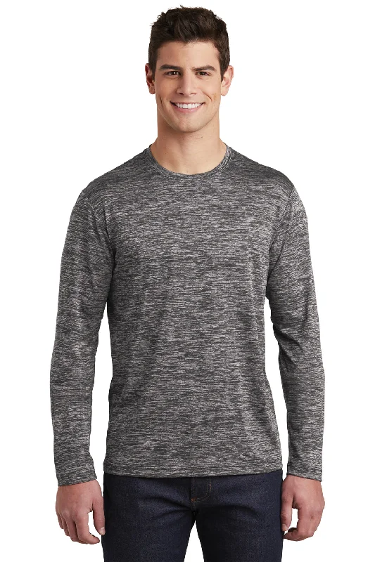 Sport-Tek Mens Electric Heather Moisture Wicking Long Sleeve Crewneck T-Shirt - Black Electric