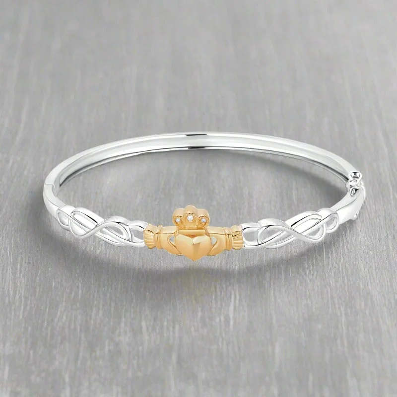 10K Gold & Diamond Sterling Silver Claddagh Bangle