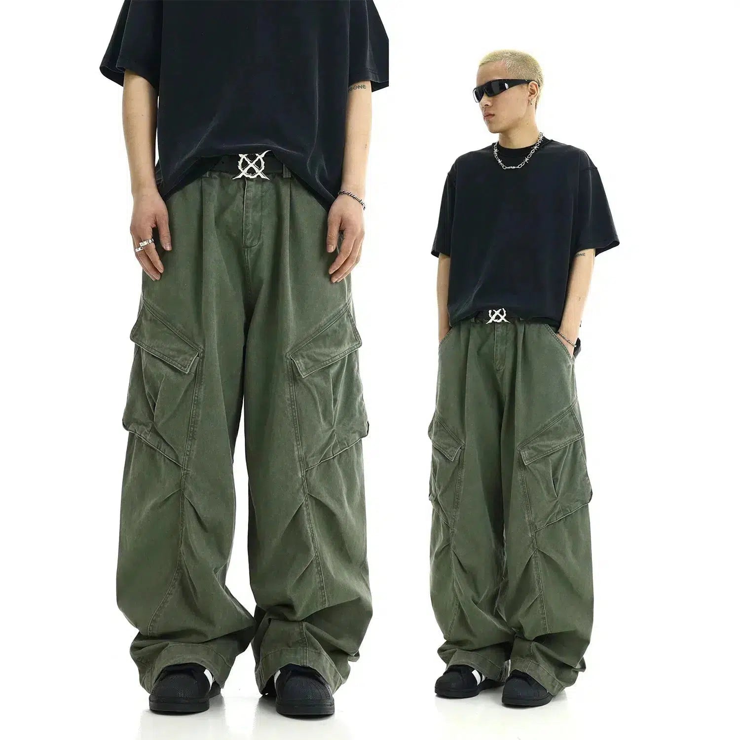 Deconstructed Pleated Wide-Leg Cargo Pants