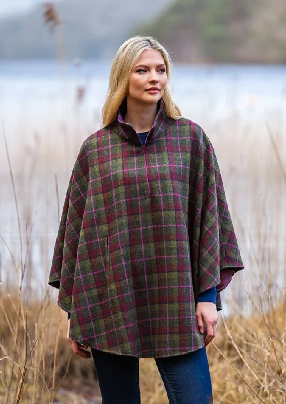 Mucros Half Zip Poncho | Olive Pink Check