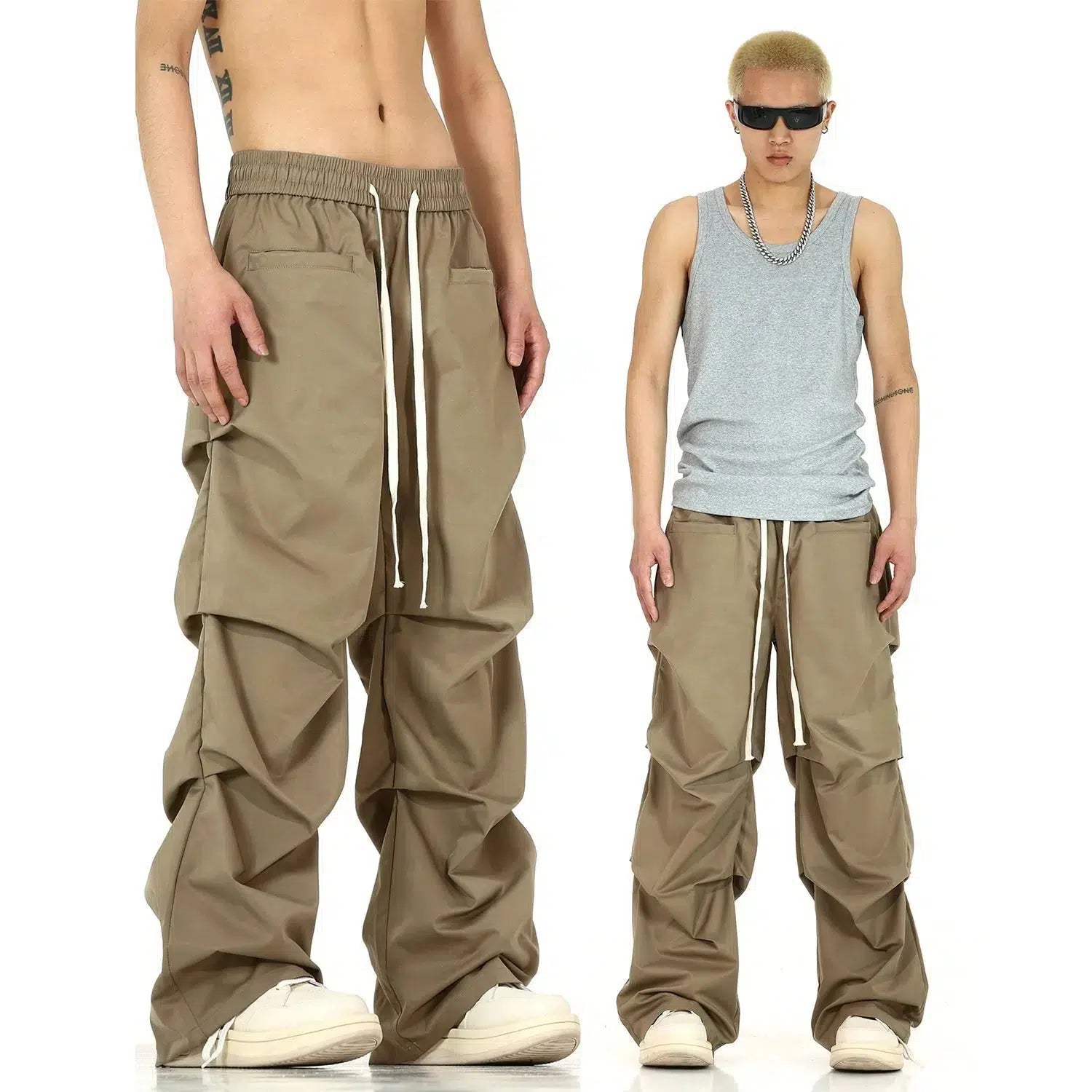 Multi-pocket Drawstring Pleated Pants