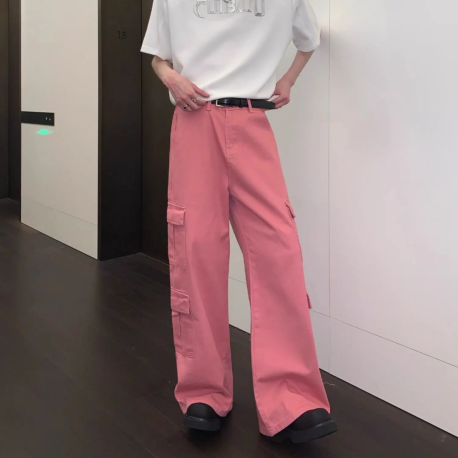 Pink Wide Leg Denim Cargo Pants