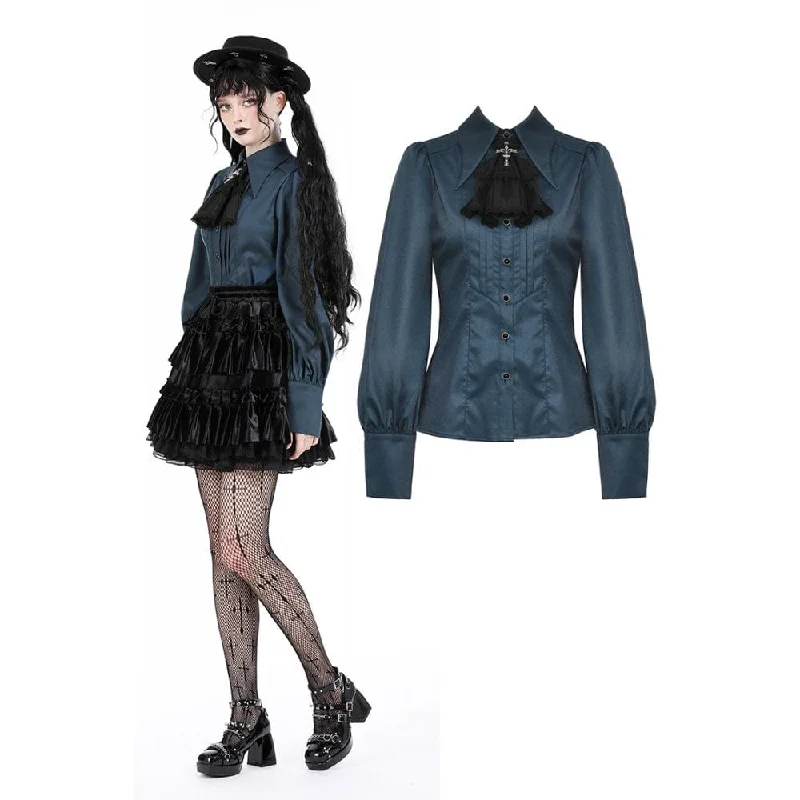 Women's Gothic Puff Sleeved Bat Collar Shirt with Neckwear