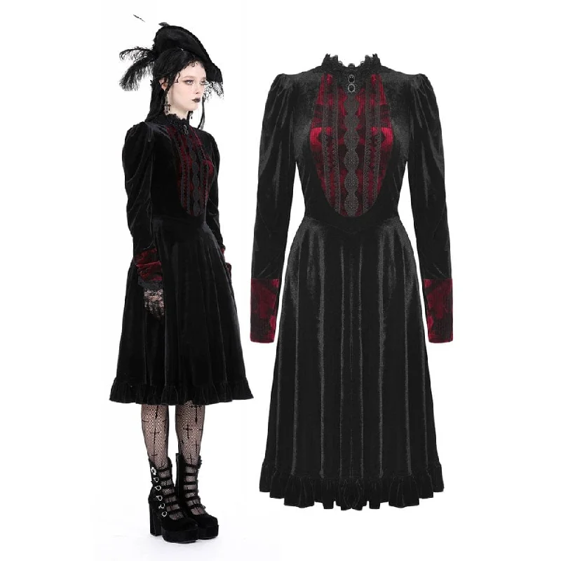 Women's Gothic Puff Sleeved Stand Collar Velvet Dress