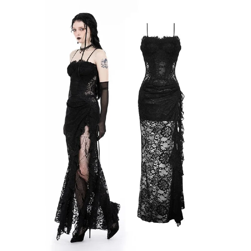 Women's Gothic Side Slit Ruffled Lace Slip Wedding Dress