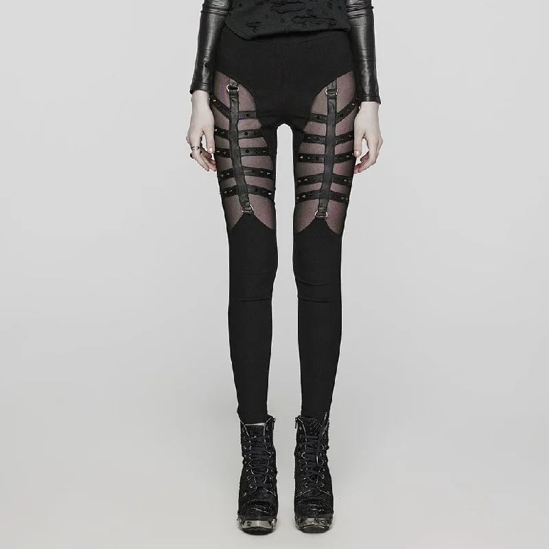 Women's Punk Mesh Strappy Stud Leggings