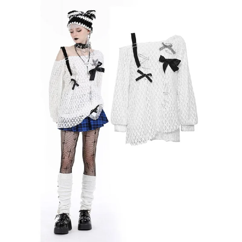 Women's Punk Slash Shoulder Bowknot Pin Sweater