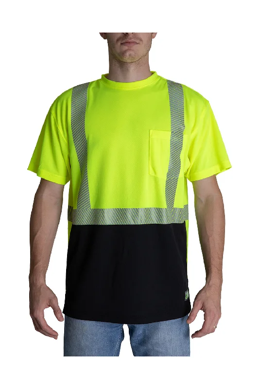 Berne Mens Hi-Vis Class 2 Color Blocked Moisture Wicking Short Sleeve Crewneck T-Shirt w/ Pocket - High Vis Yellow