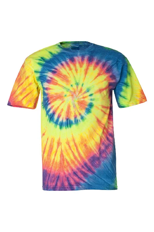 Dyenomite Mens Spiral Tie Dyed Short Sleeve Crewneck T-Shirt - Fluorescent Rainbow Swirl