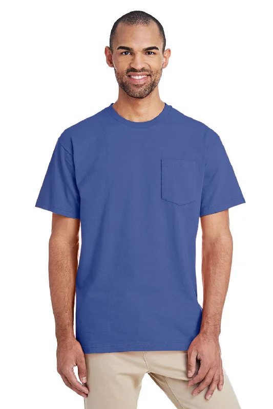 Gildan Mens Hammer Short Sleeve Crewneck T-Shirt w/ Pocket - Flo Blue - Closeout