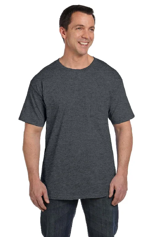 Hanes Mens Beefy-T Short Sleeve Crewneck T-Shirt w/ Pocket - Heather Charcoal Grey