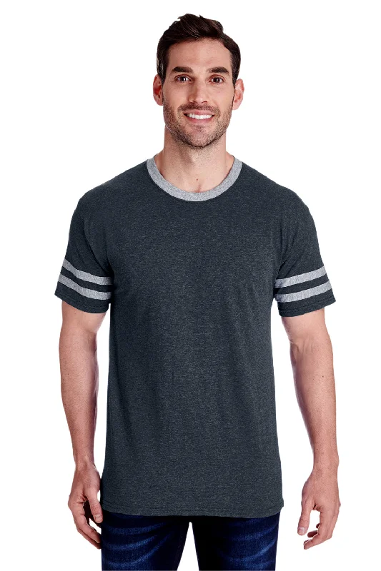 Jerzees Mens Moisture Wicking Varsity Ringer Short Sleeve Crewneck T-Shirt - Heather Black/Oxford Grey - Closeout