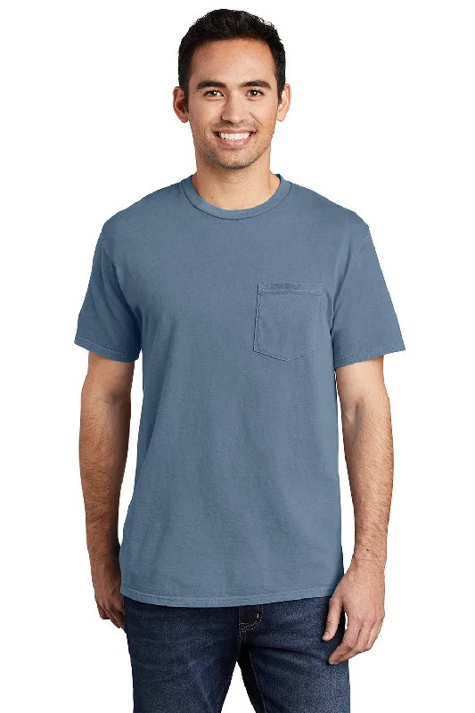 Port & Company Mens Beach Wash Short Sleeve Crewneck T-Shirt w/ Pocket - Denim Blue