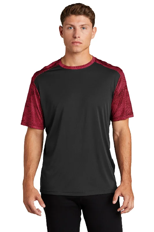 Sport-Tek Mens CamoHex Moisture Wicking Short Sleeve Crewneck T-Shirt - Black/Deep Red