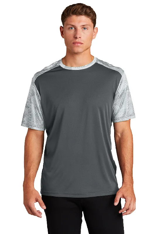 Sport-Tek Mens CamoHex Moisture Wicking Short Sleeve Crewneck T-Shirt - Iron Grey/White