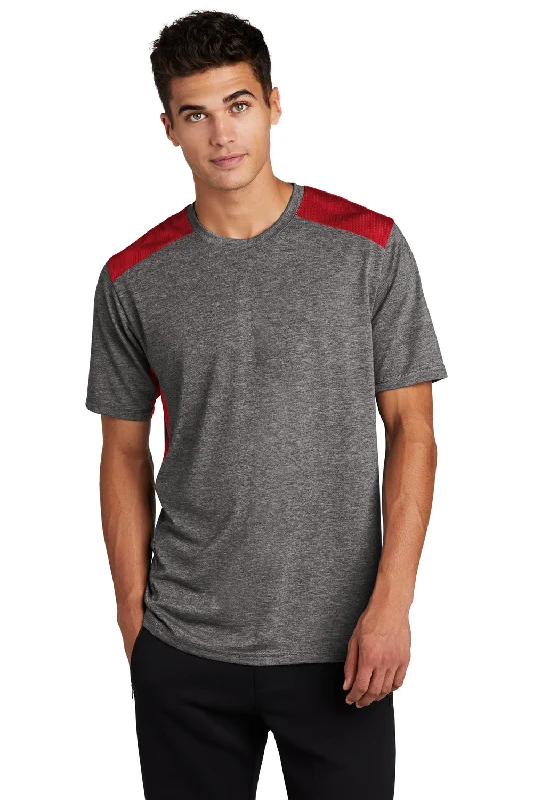 Sport-Tek Mens Draft Moisture Wicking Short Sleeve Crewneck T-Shirt - Heather Dark Grey/True Red