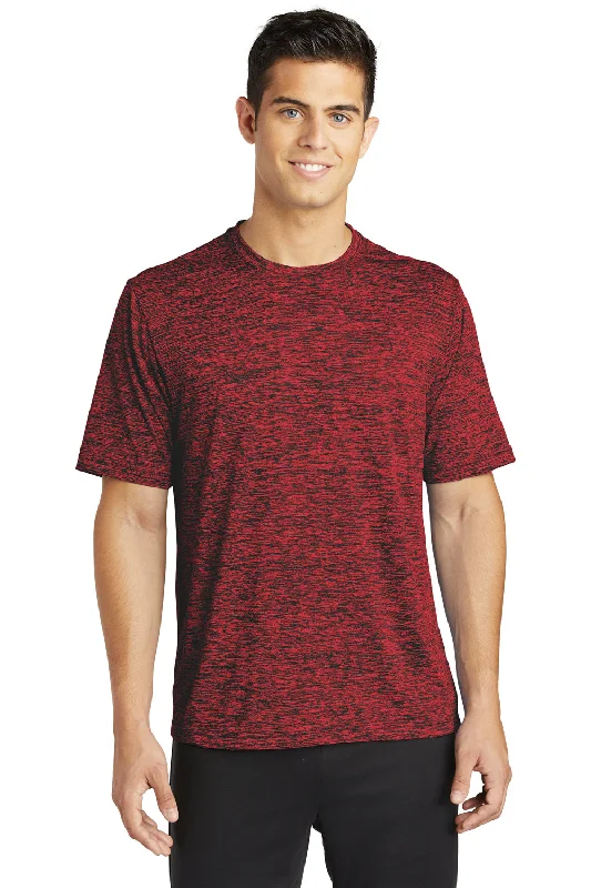 Sport-Tek Mens Electric Heather Moisture Wicking Short Sleeve Crewneck T-Shirt - Deep Red/Black Electric