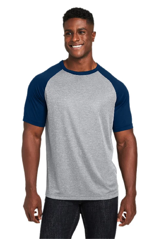 Team 365 Mens Zone Colorblock Moisture Wicking Short Sleeve Crewneck T-Shirt - Heather Grey/Dark Navy Blue