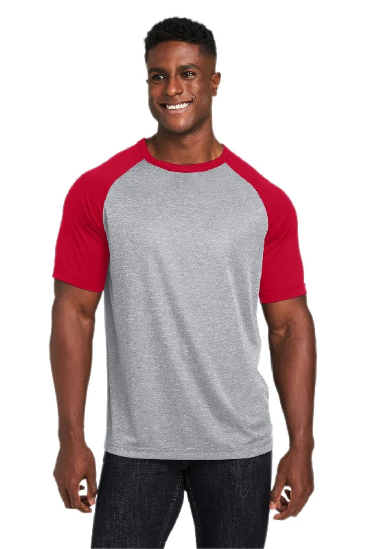 Team 365 Mens Zone Colorblock Moisture Wicking Short Sleeve Crewneck T-Shirt - Heather Grey/Red